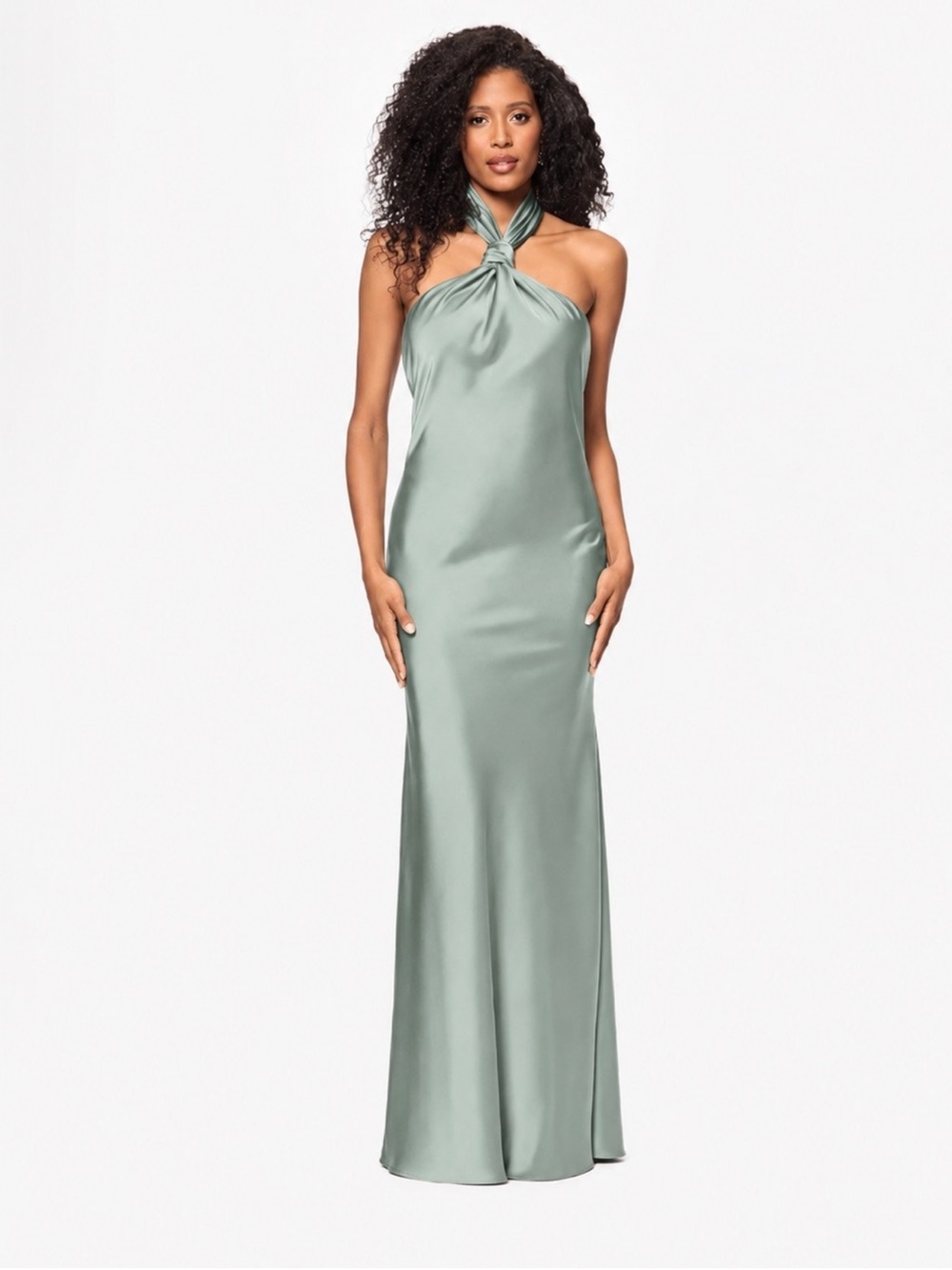 Betsy & Adam Satin Halter Gown Sage Green Formal Maxi Dress Size 8 NWT